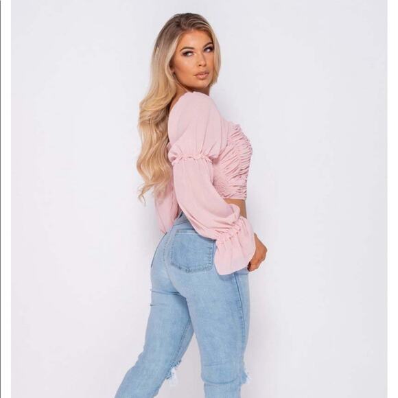 NWT Parisian Off Shoulder Ruched Sheer Top Womens 4 Pink Romantic Coquette - Picture 5 of 7